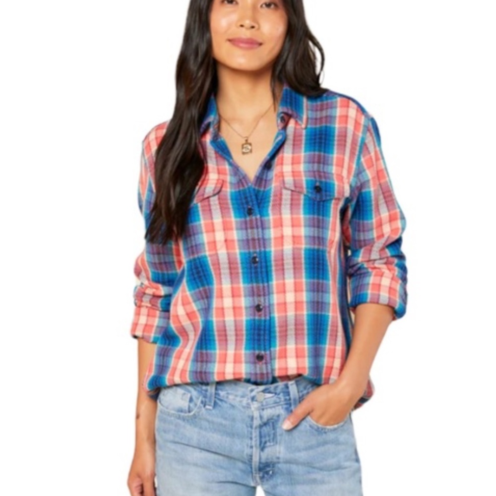 Outerknown Blanket Shirt in the Watermelon Feliz Plaid pattern